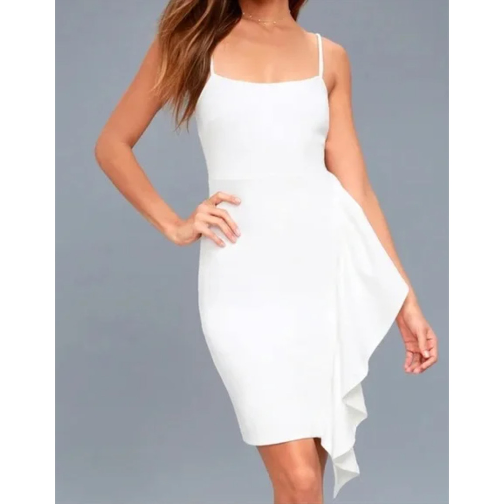Lulus Side Ruffle Bodycon Dress $78 Knee Length Stretch Cotton White Wedding M